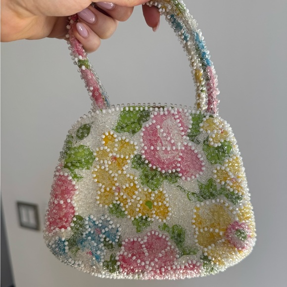 Vintage Handbags - Vintage Beaded Floral Mini hang Bag - White/Pink/Yellow